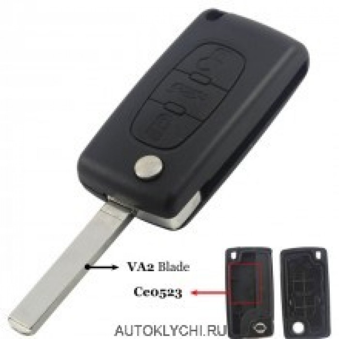 Заготовка выкидного ключа авто PEUGEOT 3 кнопки VA2 (Ключи Peugeot) (код 3234)