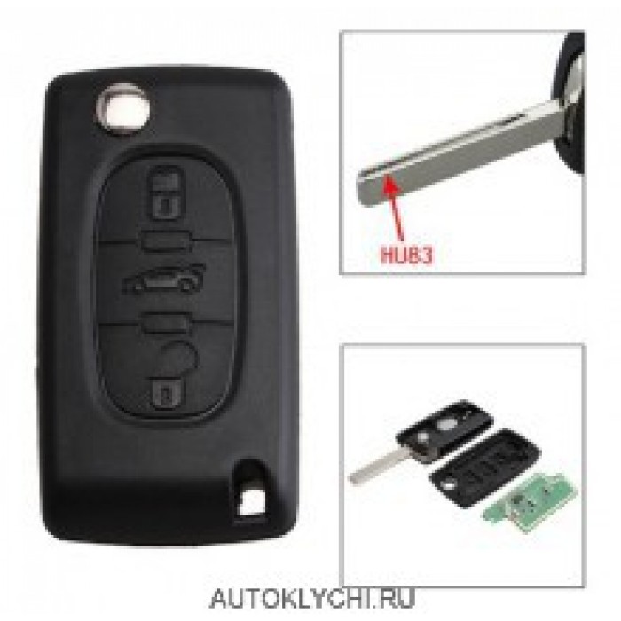 Чип ключ выкидной 3 кнопки, 433 МГЦ ID46 для Peugeot Citroen (Ключи Citroen) (код 2509)